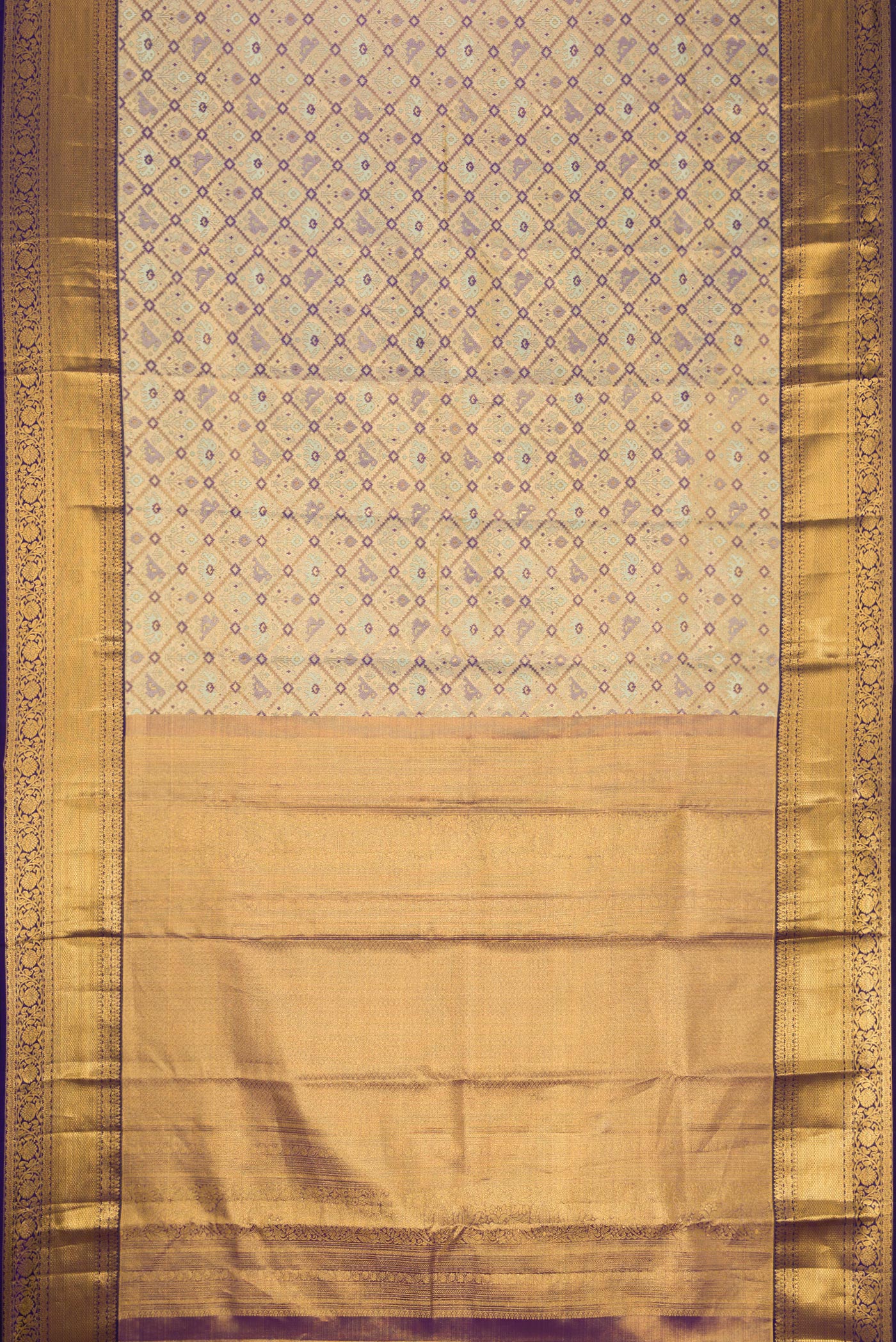 Flat view of Gold Dual Tone Kanchipuram Tissue Silk Saree with Zari Brocade on the body and Zari Border. 