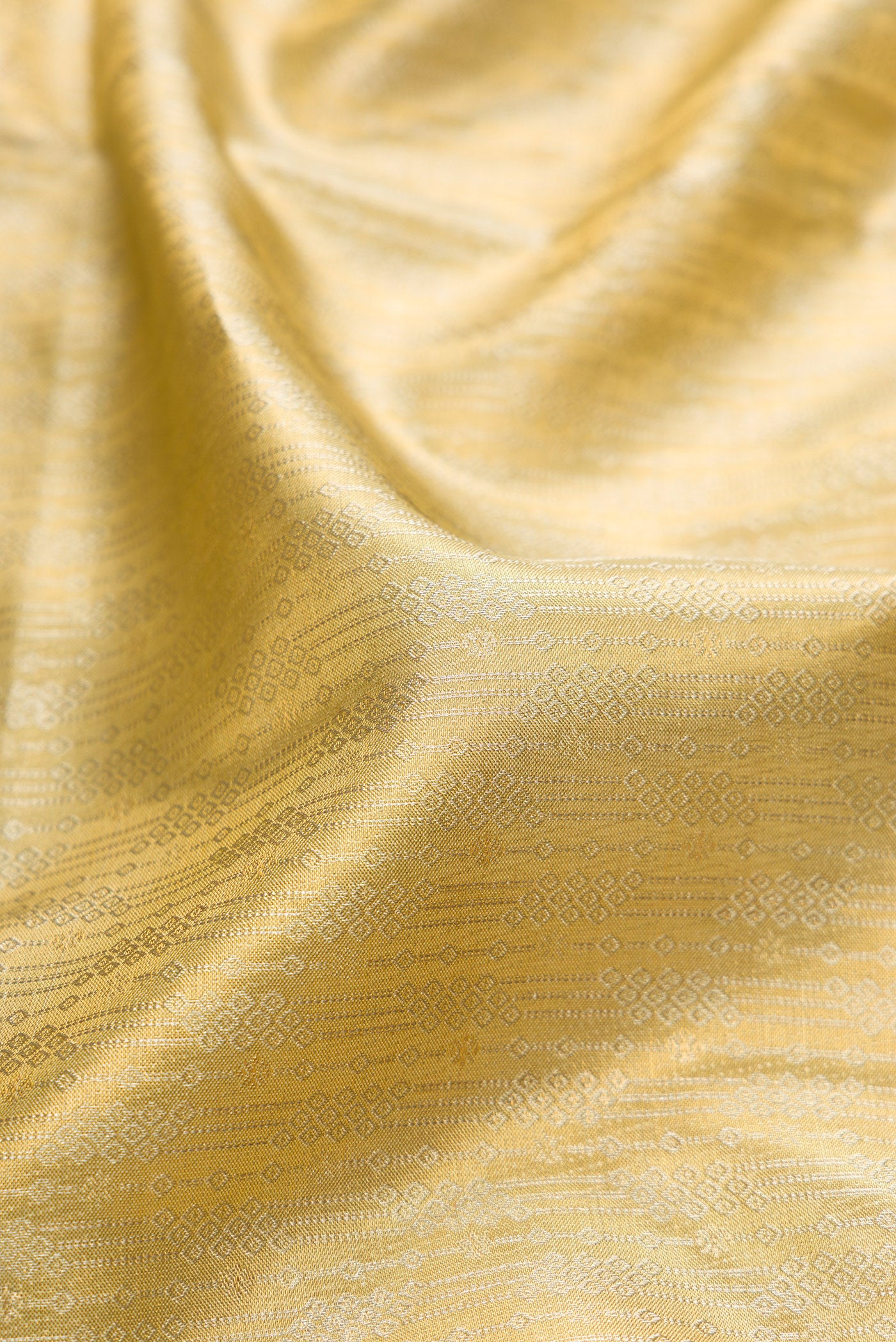 Close up of Pista Green Dual Tone Kanjivaram Tissue Silk Saree with Zari Brocade on the body and Zari Border.  displaying folds