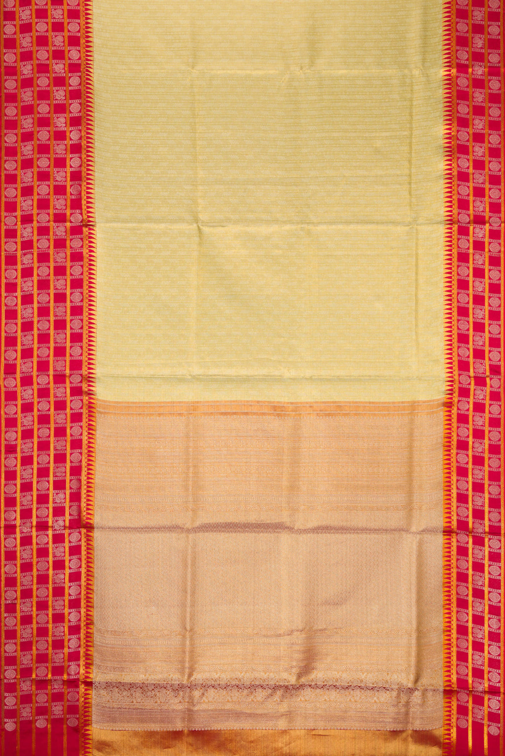 Flat view of Pista Green Dual Tone Kanjivaram Tissue Silk Saree with Zari Brocade on the body and Zari Border. 