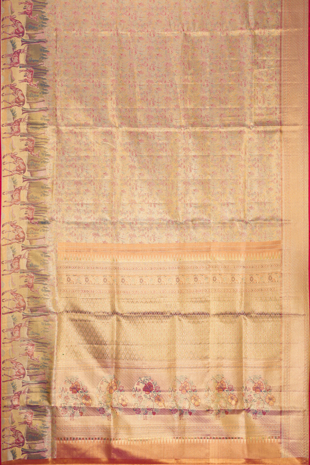 Flat view of Gold Dual Tone Kanjivaram Tissue Silk Saree with Zari Brocade on the body and Fancy Border. 