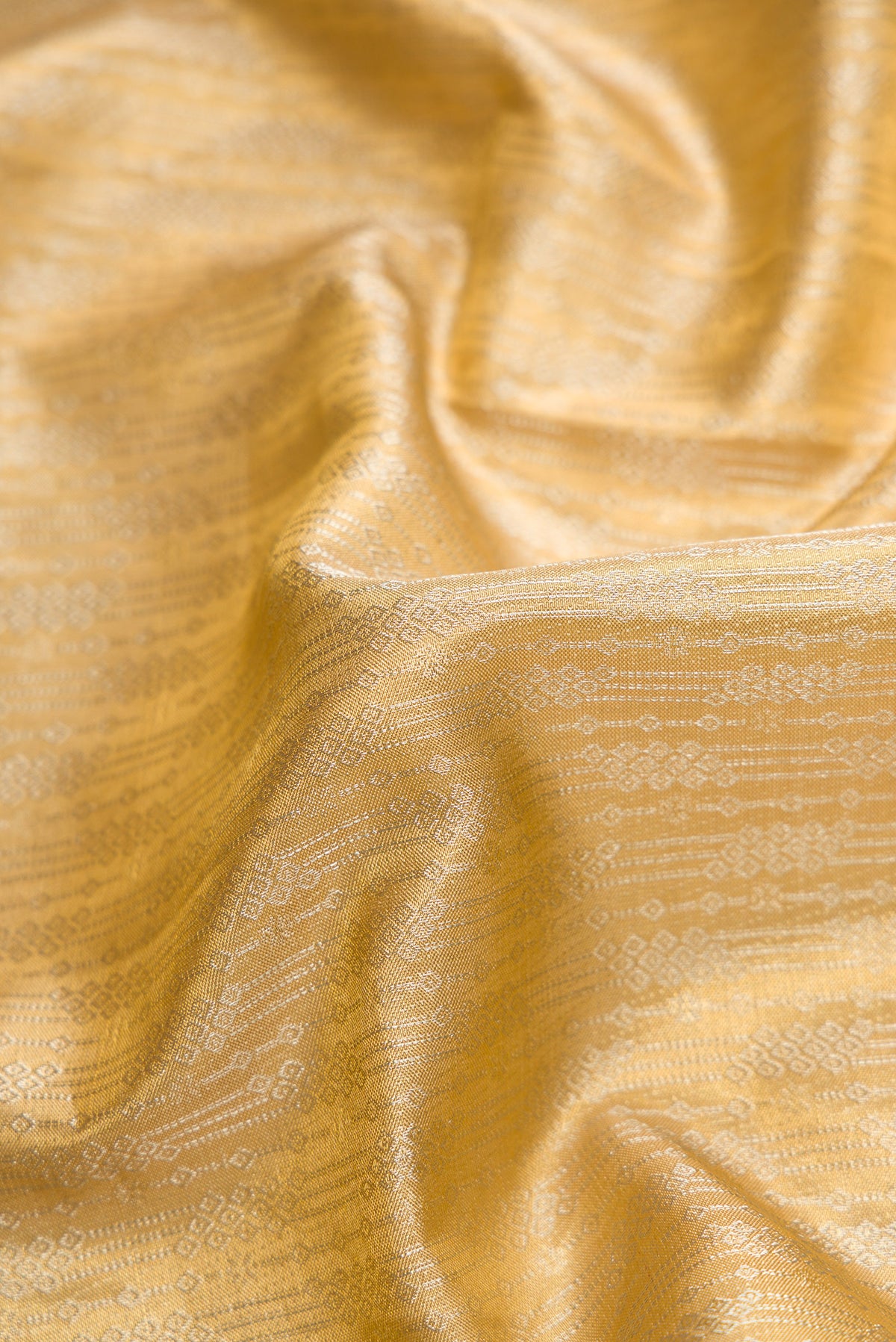 Close up of Gold Dual Tone Kanjivaram Tissue Silk Saree with Zari Brocade on the body and Fancy Border.  displaying folds