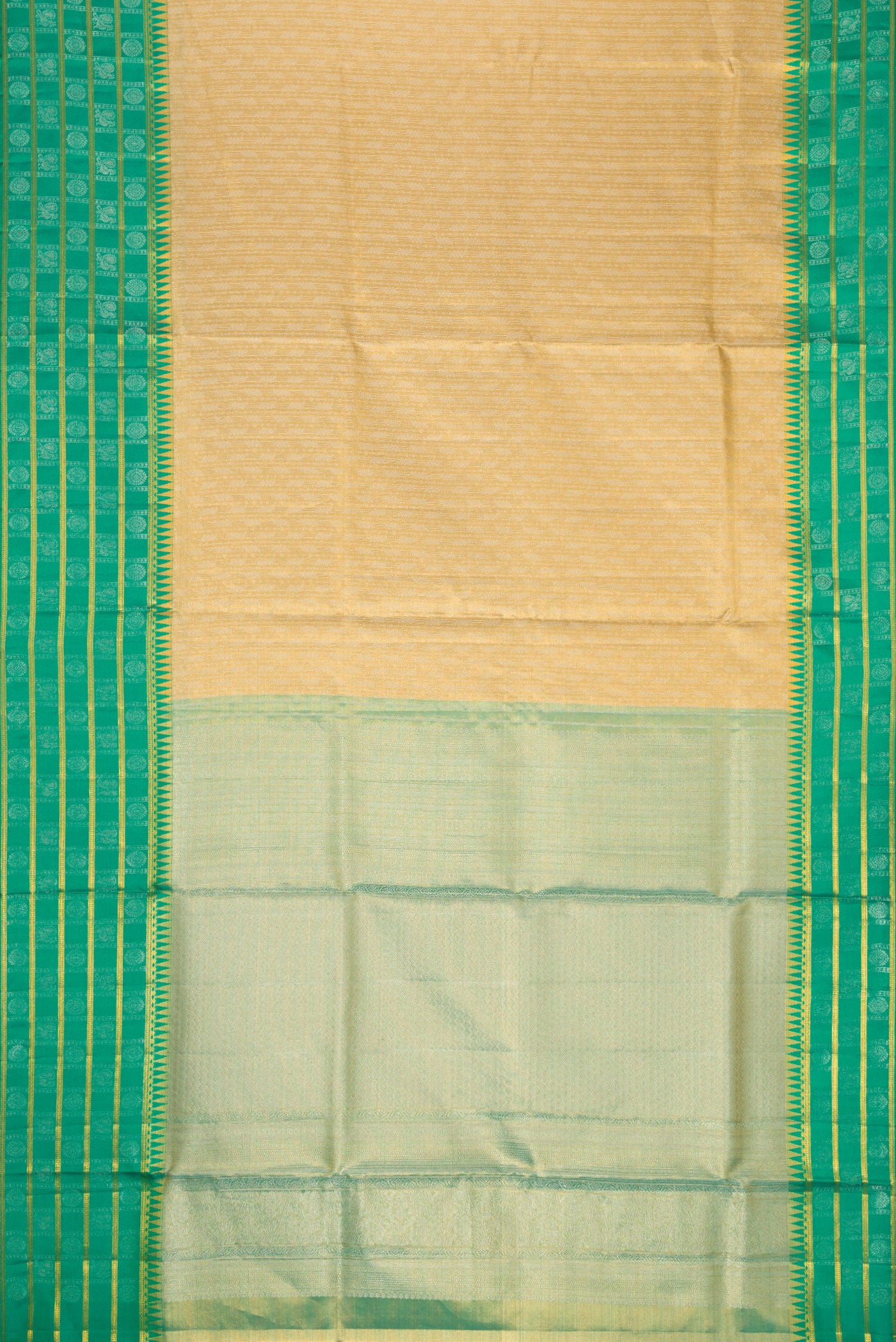 Flat view of Gold Dual Tone Kanjivaram Tissue Silk Saree with Zari Brocade on the body and Fancy Border. 