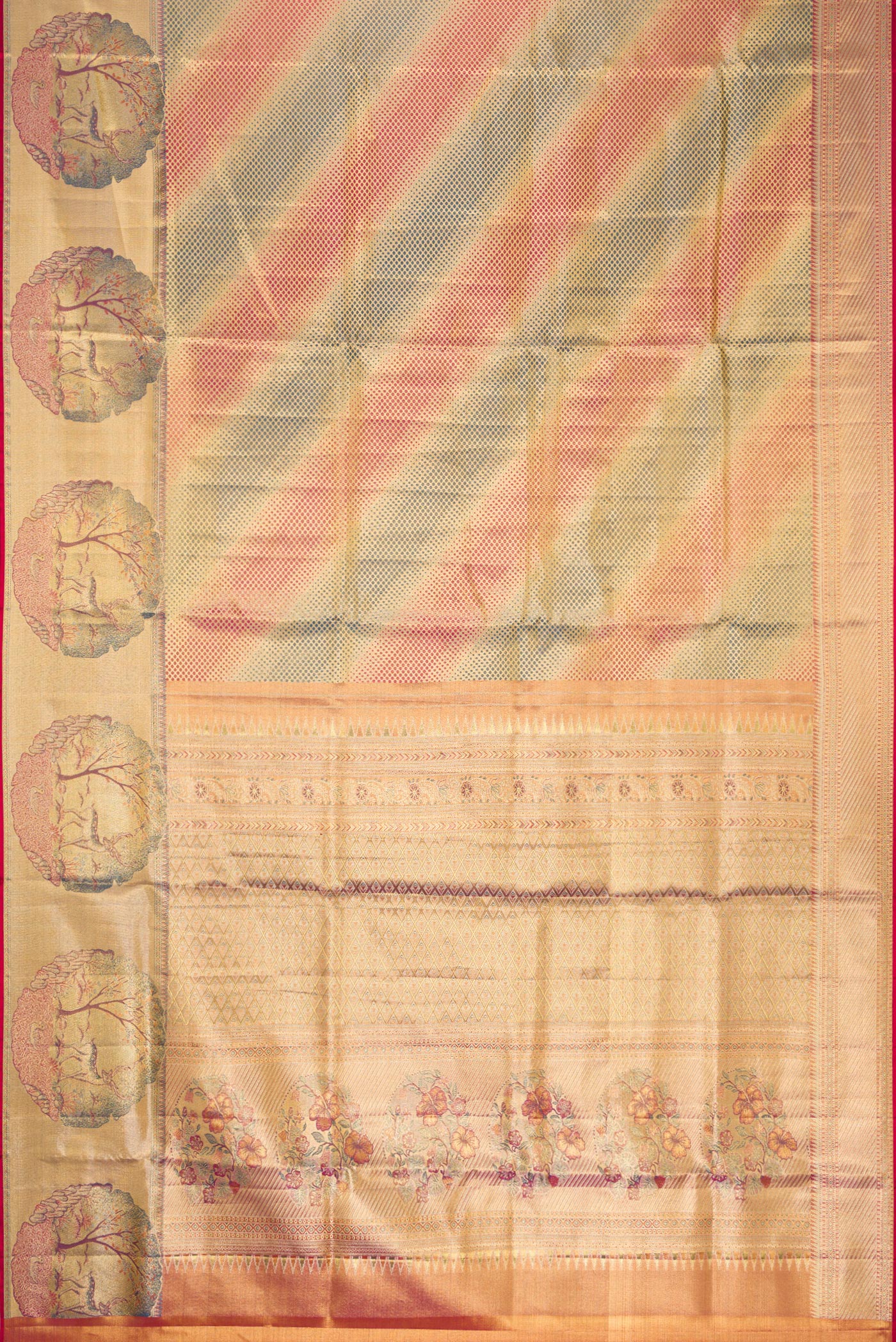 Flat view of Gold Dual Tone Kanjivaram Tissue Silk Saree with Zari Brocade on the body and Fancy Border. 