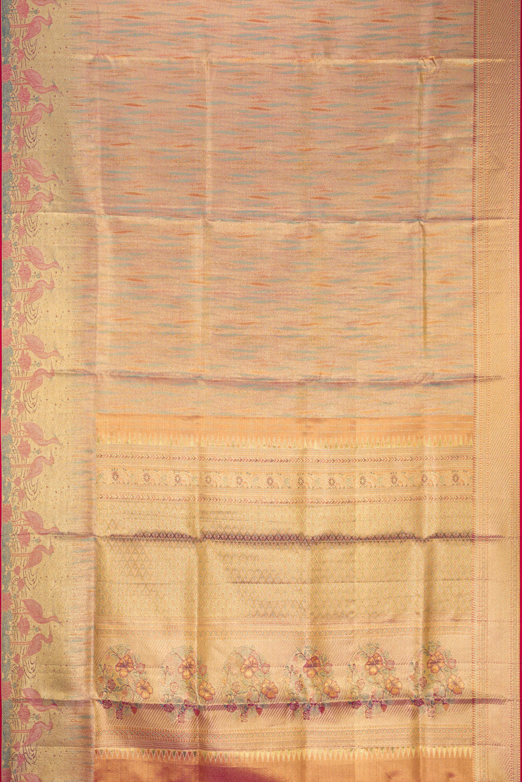 Flat view of Rose Gold Dual Tone Kanjivaram Tissue Silk Saree with Zari Brocade on the body and Zari Border. 