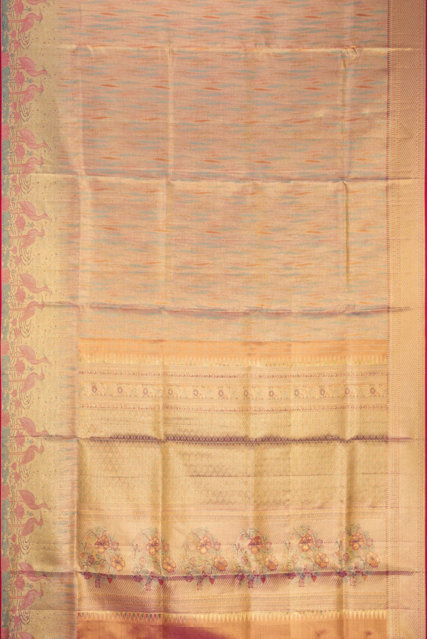 Flat view of Rose Gold Dual Tone Kanjivaram Tissue Silk Saree with Zari Brocade on the body and Zari Border. 