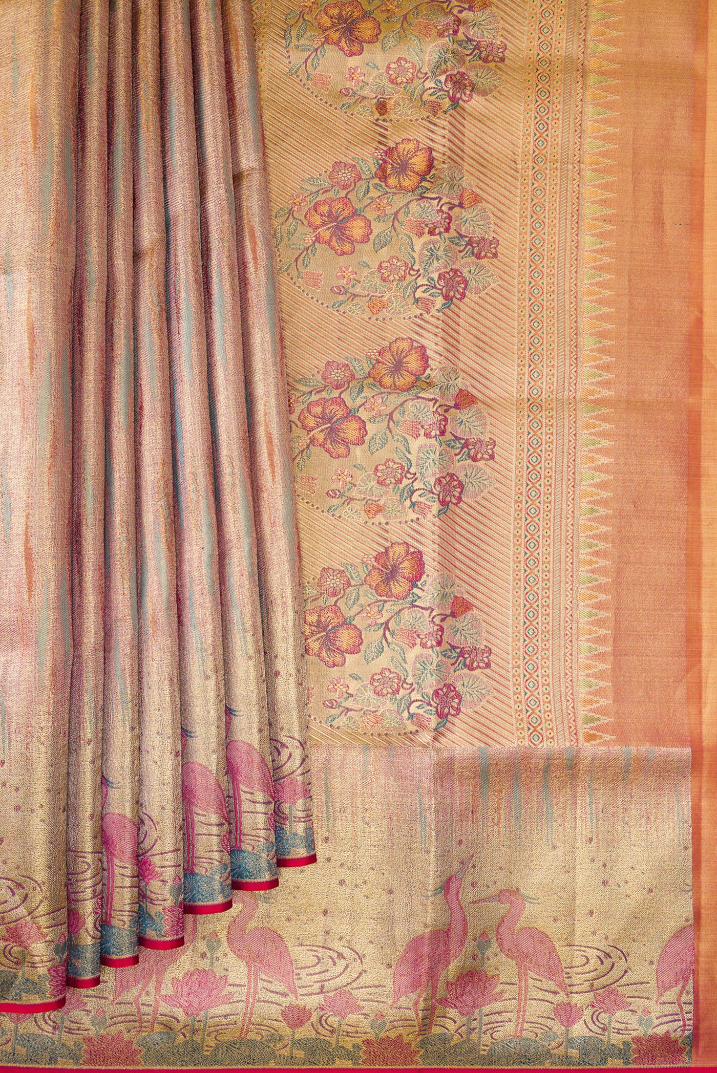 Pleats and pallu of Rose Gold Dual Tone Kanjivaram Tissue Silk Saree with Zari Brocade on the body and Zari Border. 