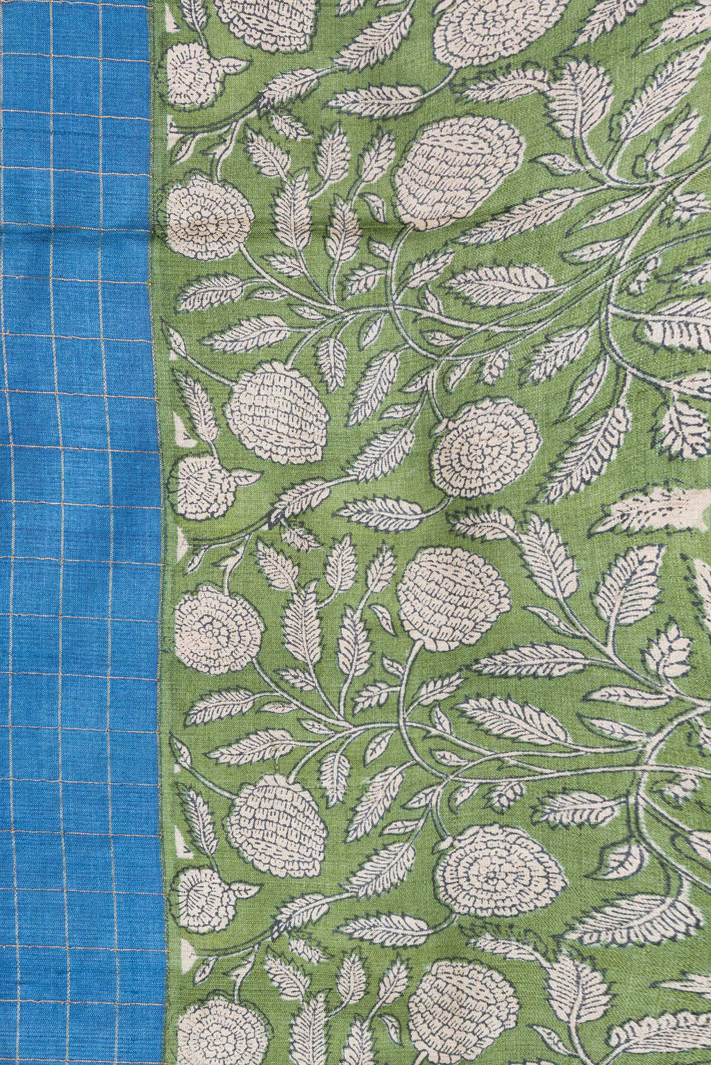 Border image of Royal Blue Dual Tone Tussar Silk Saree with Checked design on the body and Printed Border. 