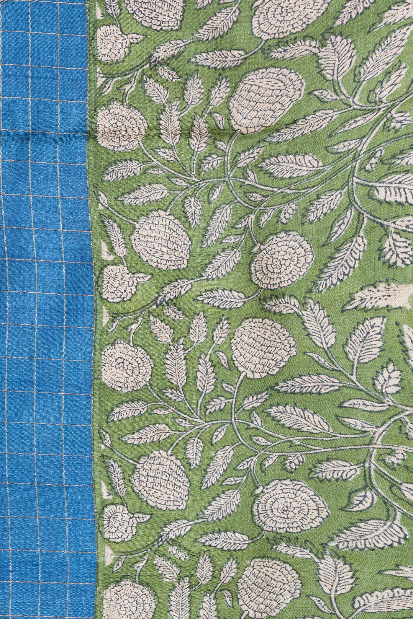 Border image of Royal Blue Dual Tone Tussar Silk Saree with Checked design on the body and Printed Border. 