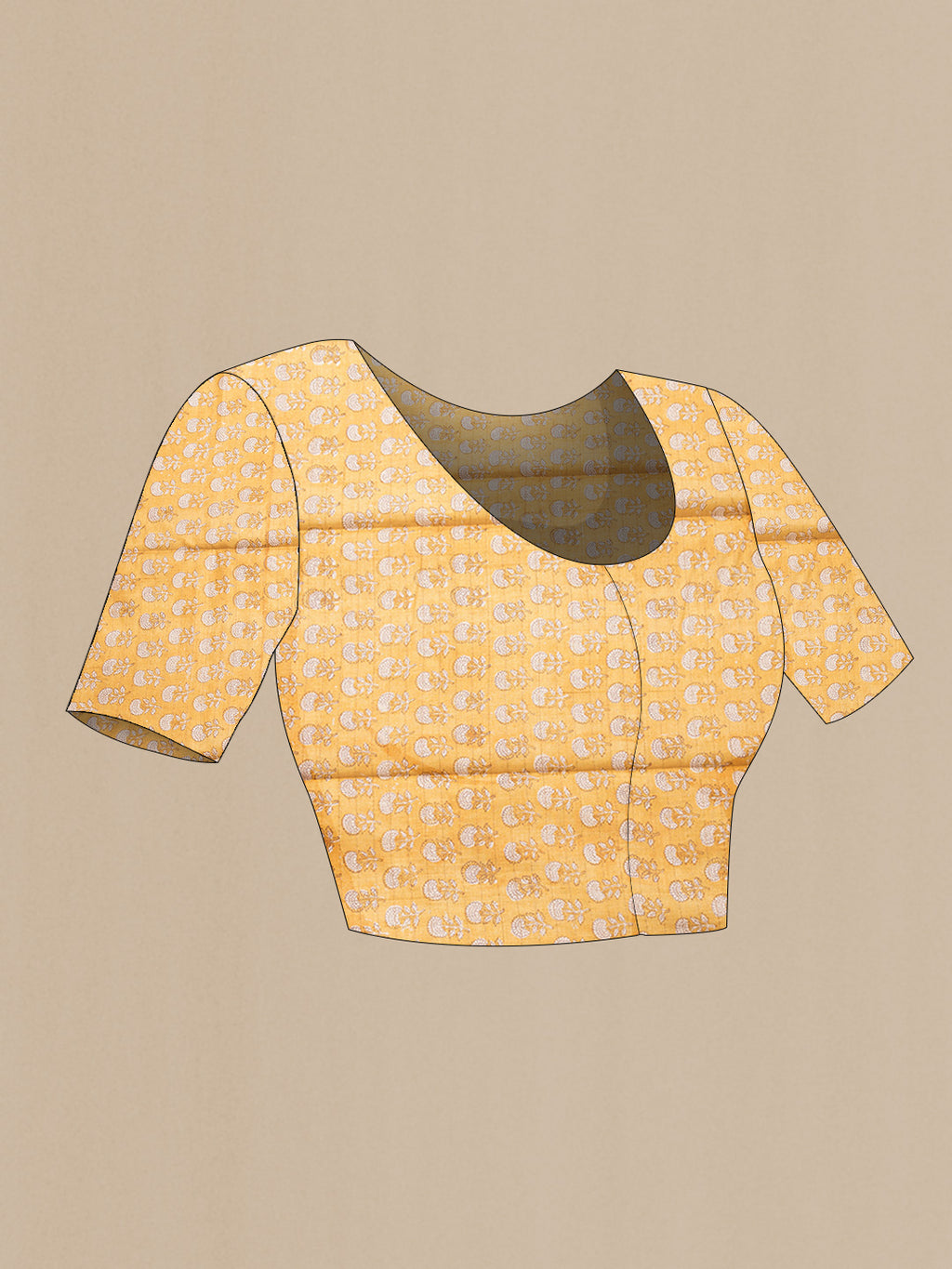 Close up image of the blouse of Golden Peach Dual Tone Tussar Silk Saree with Checked design on the body and Printed Border. 