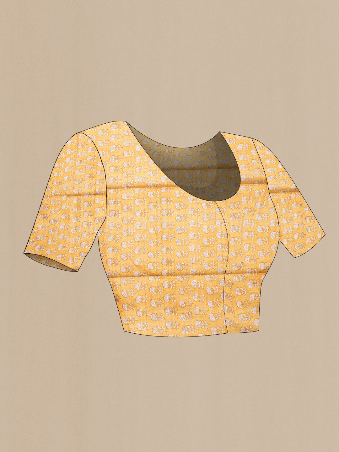 Close up image of the blouse of Golden Peach Dual Tone Tussar Silk Saree with Checked design on the body and Printed Border. 