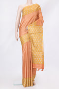 Golden Peach Dual Tone Tussar Silk Saree with Checked design on the body and Printed Border.  displayed on a mannequin