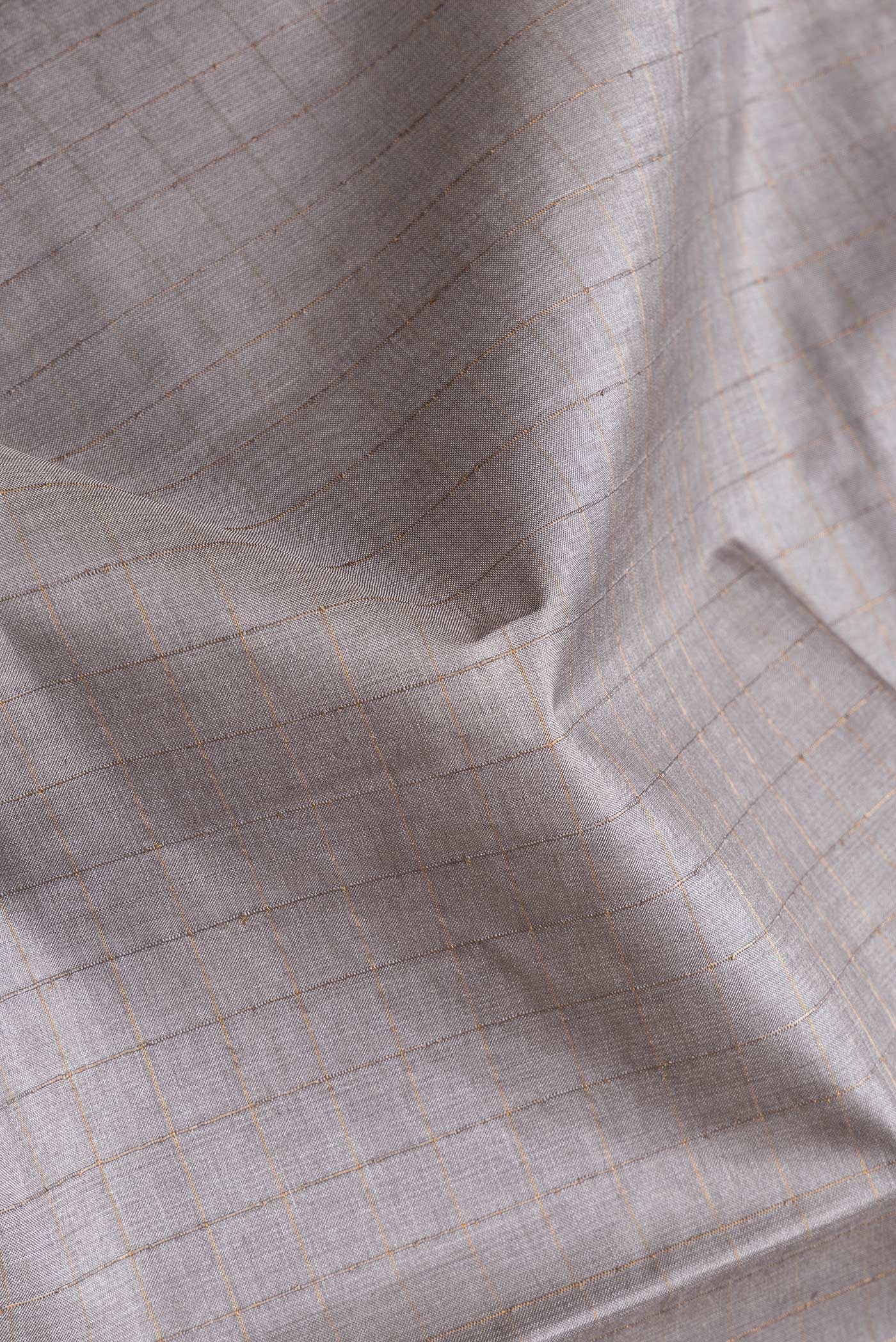Close up of Grey Dual Tone Tussar Silk Saree with Checked design on the body and Printed Border.  displaying folds