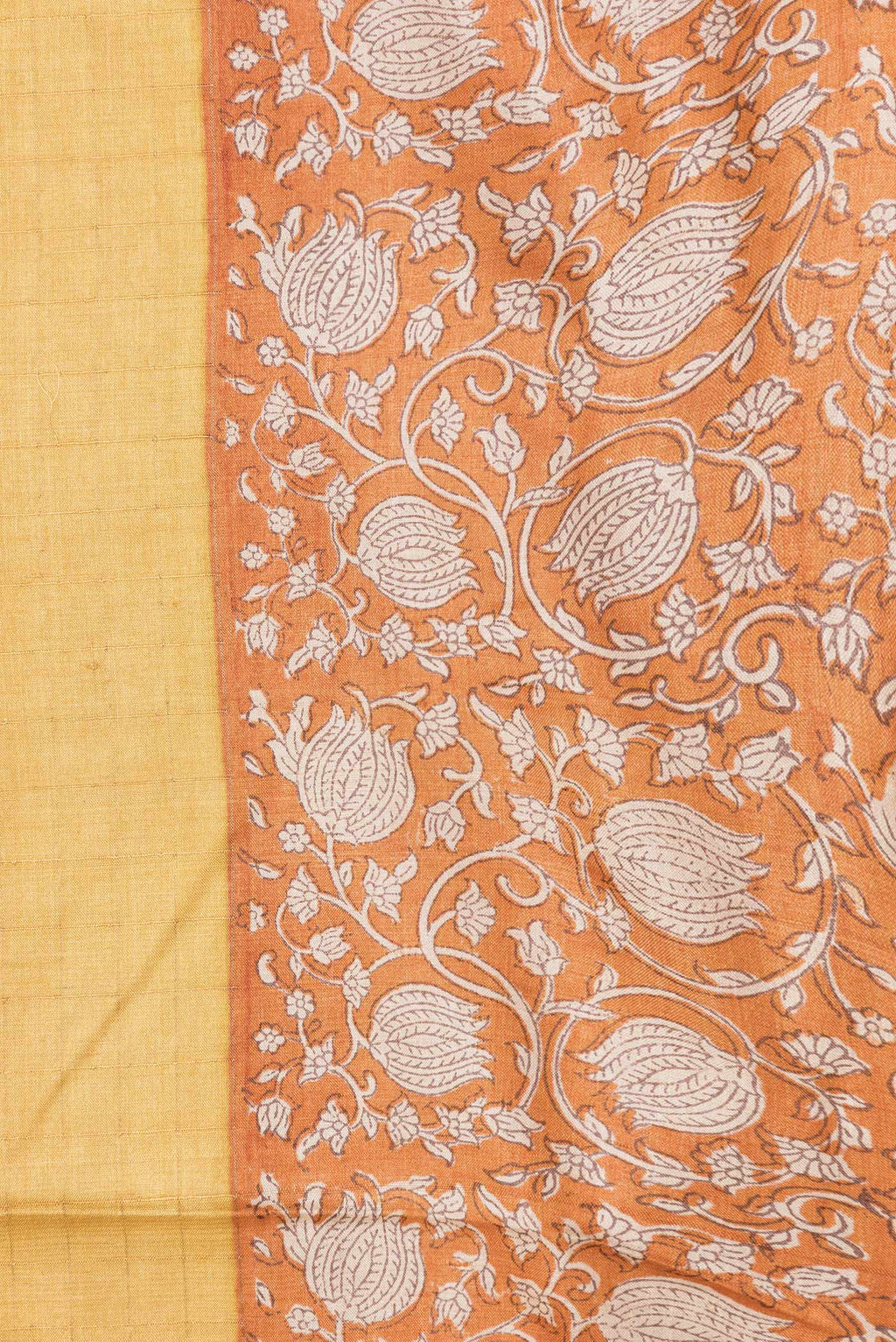 Border image of Mustard Dual Tone Tussar Silk Saree with Checked design on the body and Printed Border. 