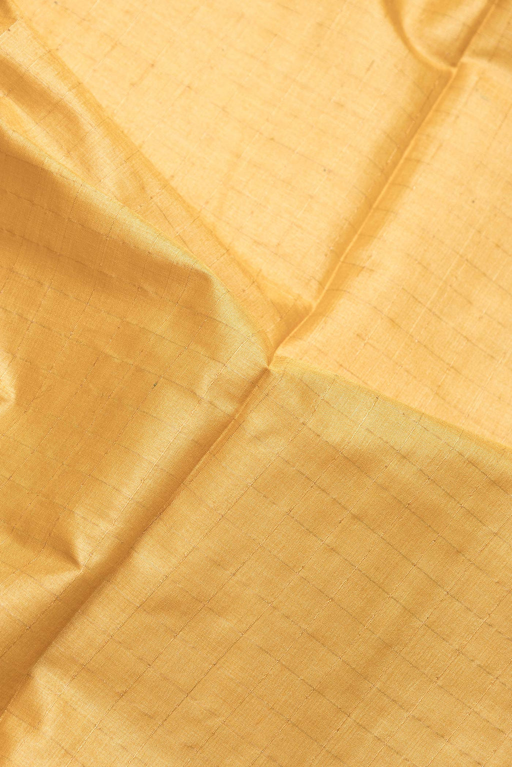 Close up of Mustard Dual Tone Tussar Silk Saree with Checked design on the body and Printed Border.  displaying folds