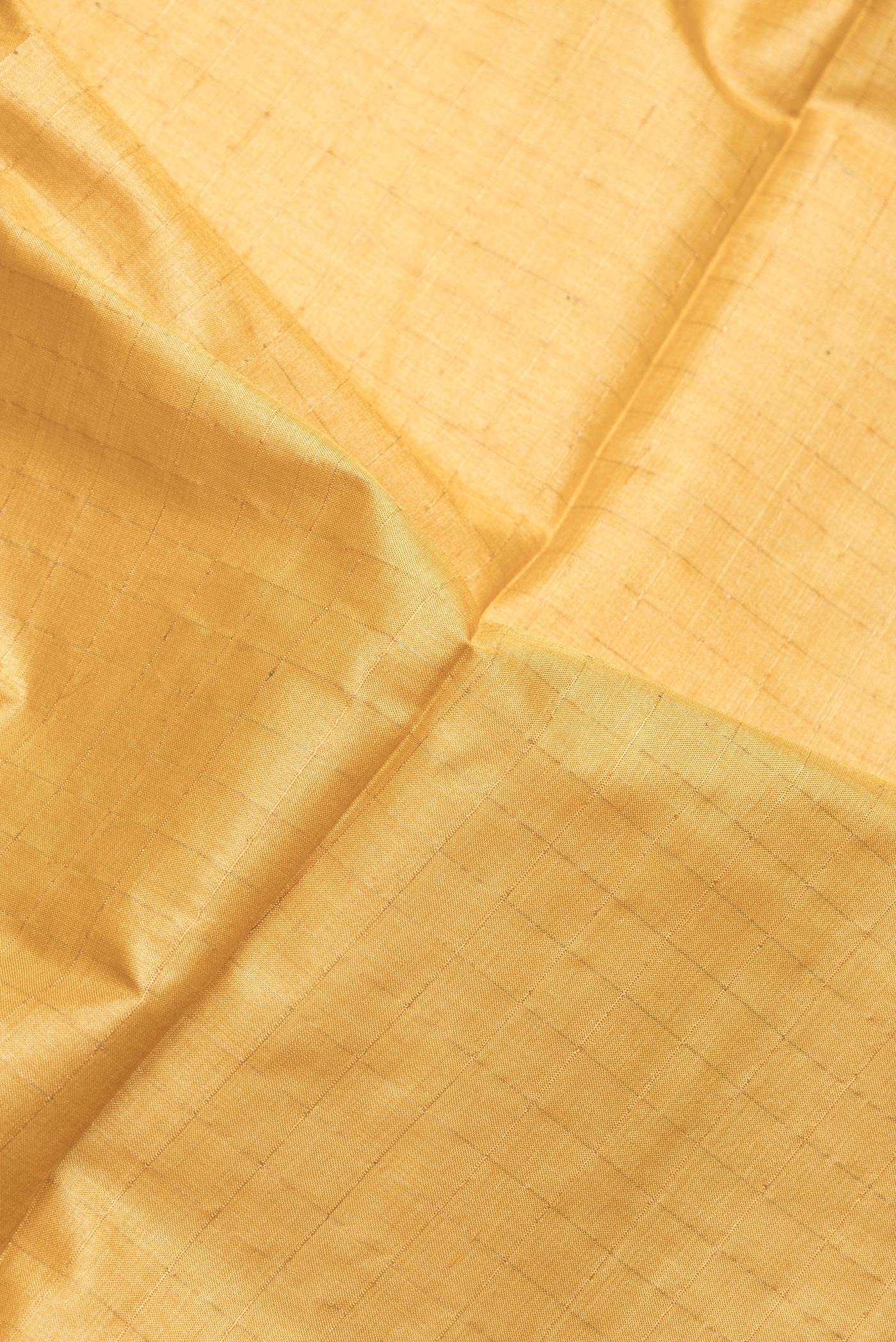 Close up of Mustard Dual Tone Tussar Silk Saree with Checked design on the body and Printed Border.  displaying folds