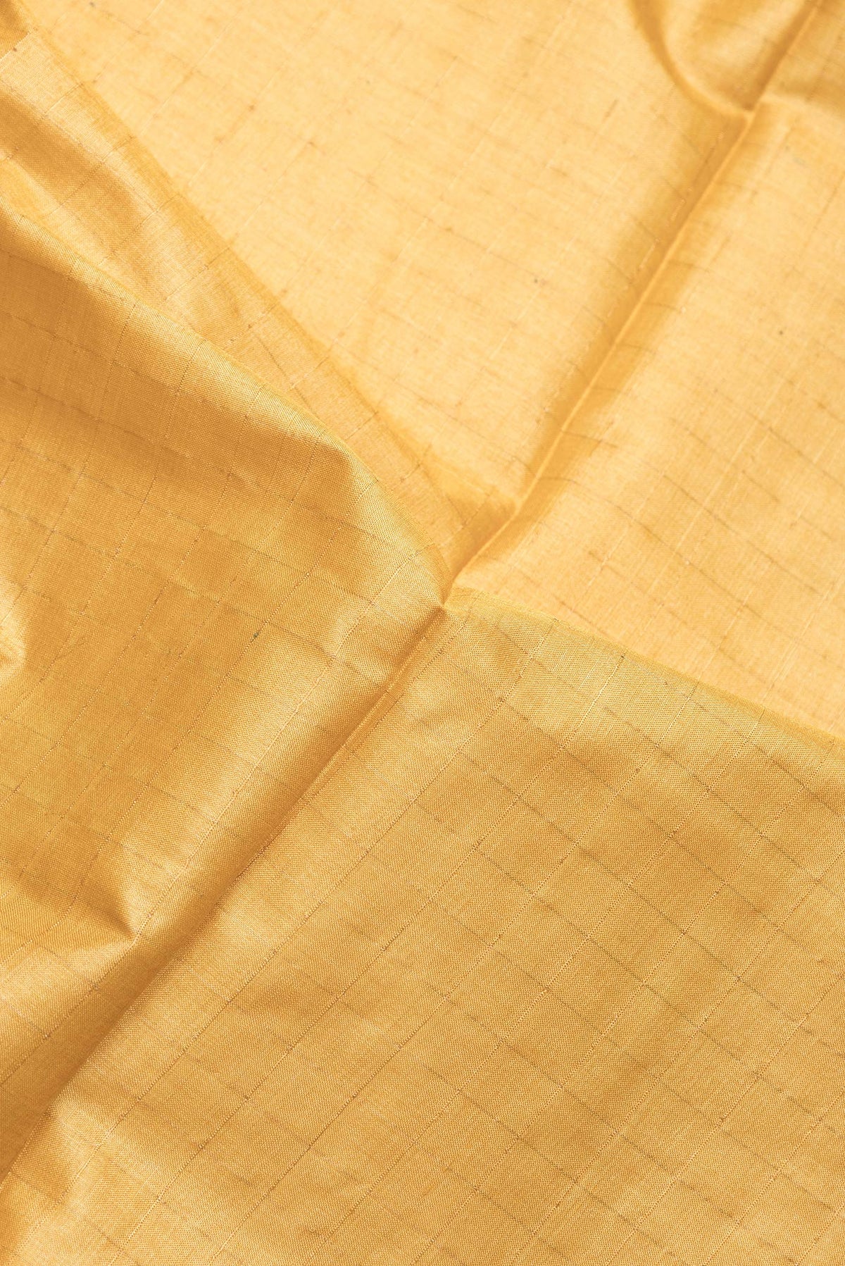 Close up of Mustard Dual Tone Tussar Silk Saree with Checked design on the body and Printed Border.  displaying folds
