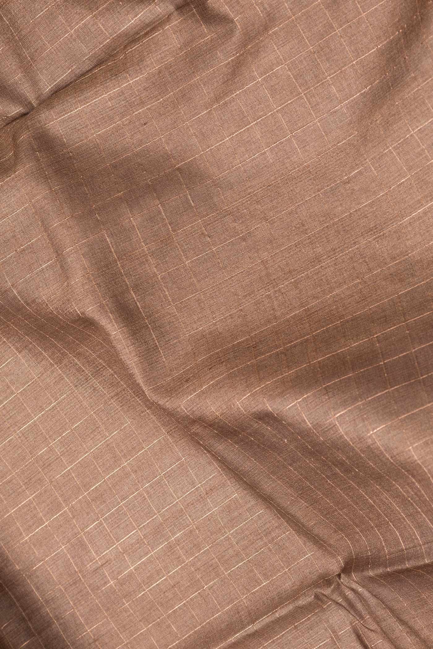 Close up of Brown Dual Tone Tussar Silk Saree with Checked design on the body and Printed Border.  displaying folds