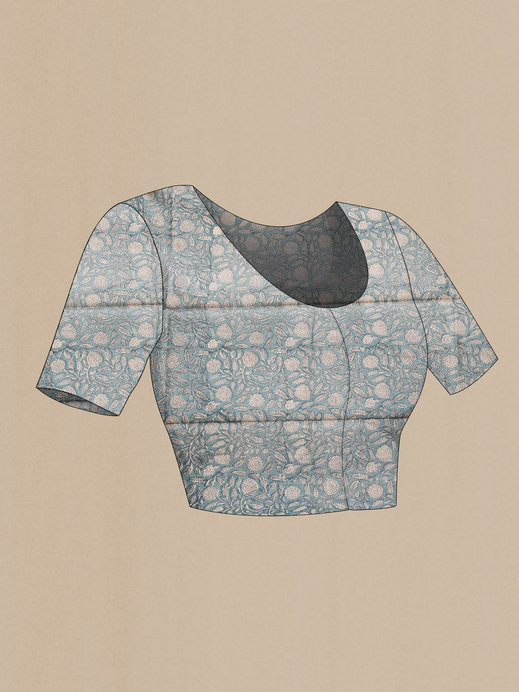Close up image of the blouse of Sky Blue Dual Tone Tussar Silk Saree with Checked design on the body and Printed Border. 