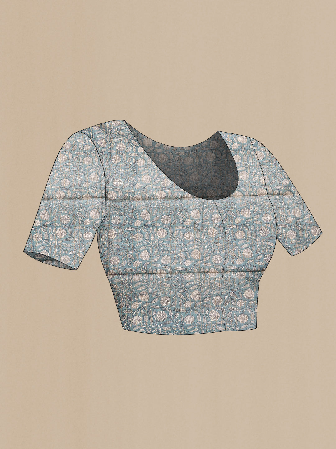Close up image of the blouse of Sky Blue Dual Tone Tussar Silk Saree with Checked design on the body and Printed Border. 
