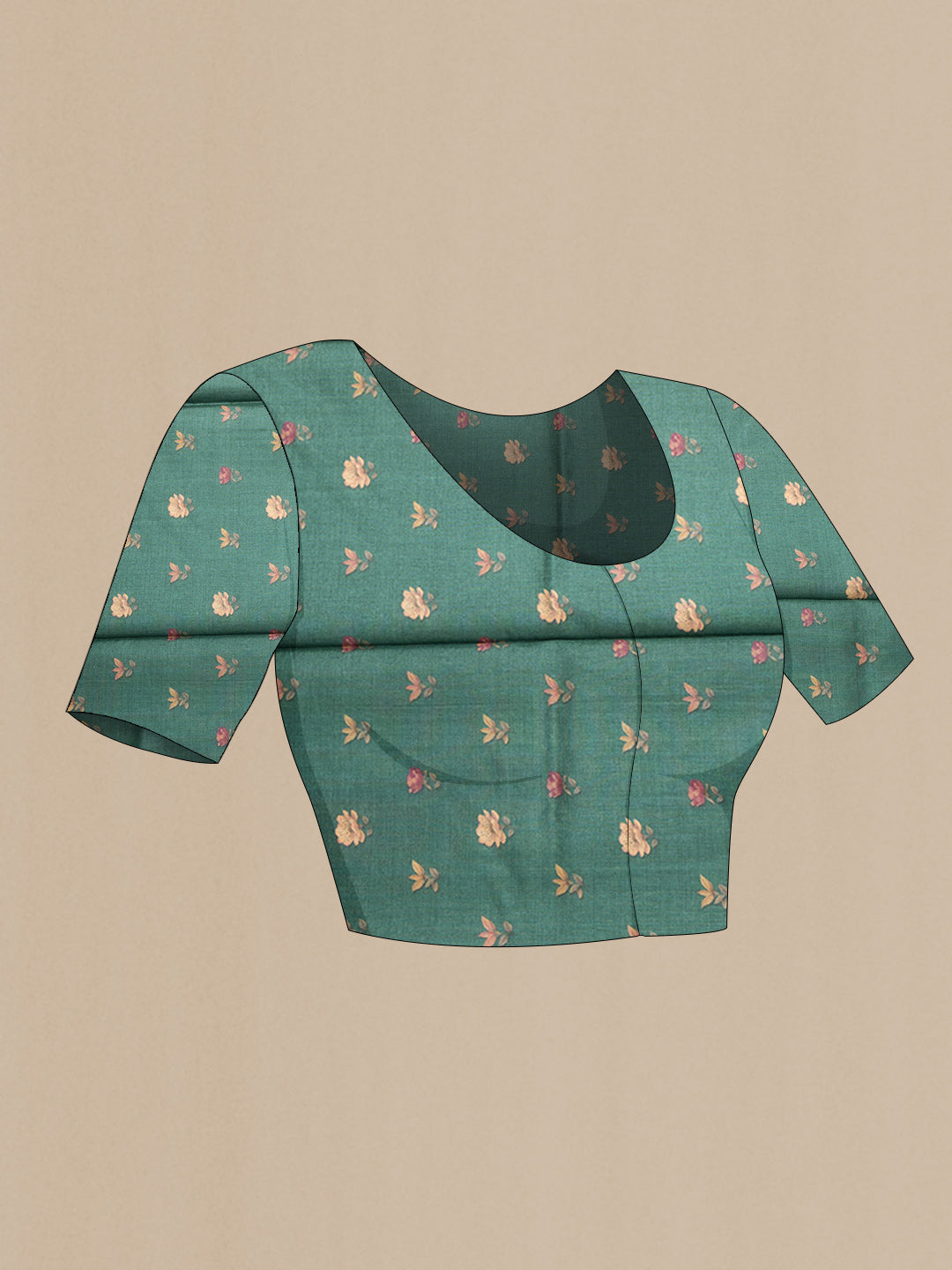 Close up image of the blouse of Green Dual Tone Tussar Silk Saree with Stripes on the body and Printed Border. 