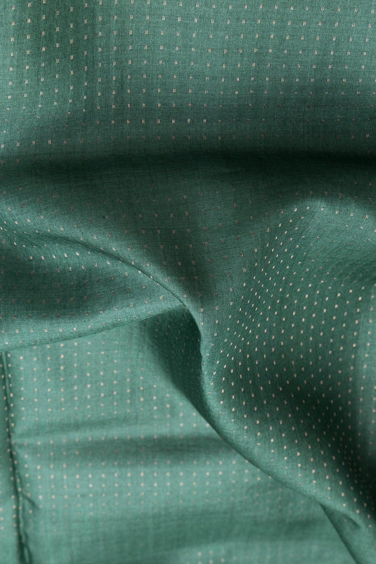 Close up of Green Dual Tone Tussar Silk Saree with Stripes on the body and Printed Border.  displaying folds