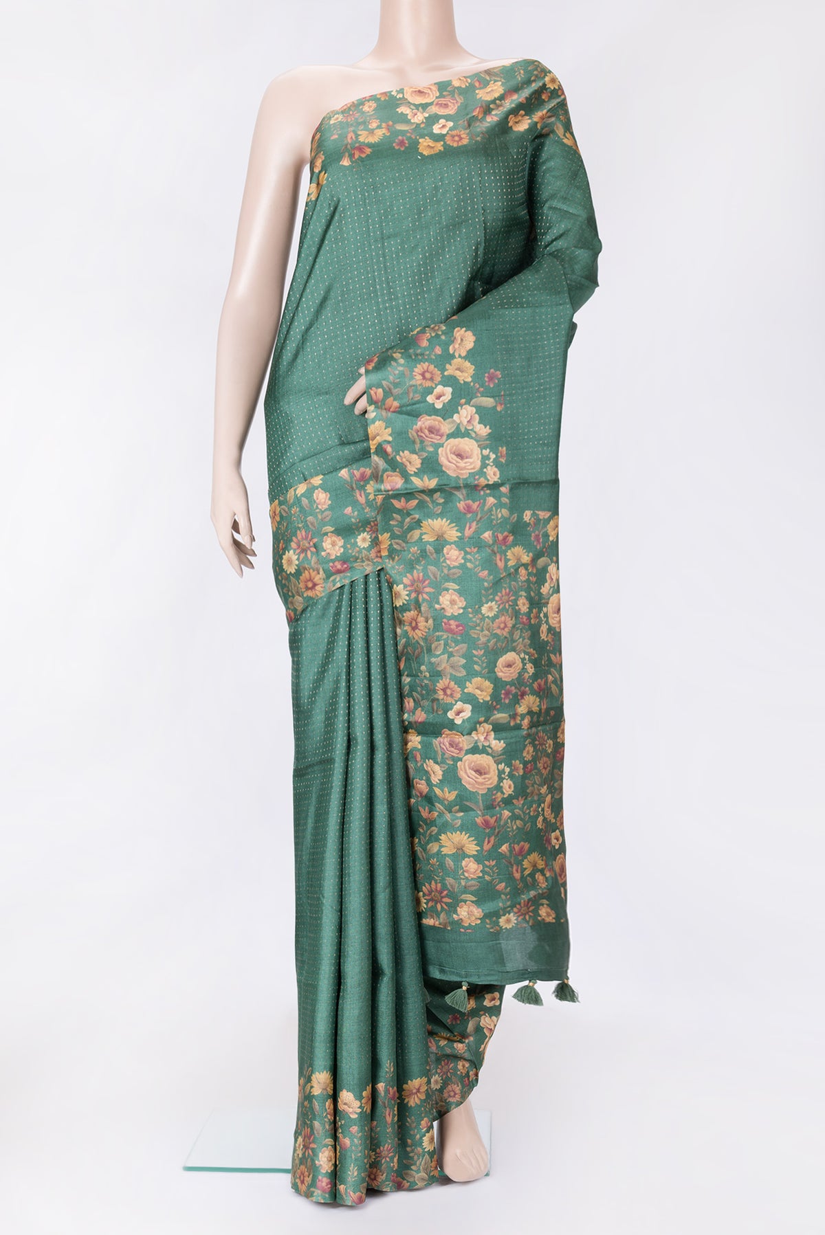Green Dual Tone Tussar Silk Saree with Stripes on the body and Printed Border.  displayed on a mannequin