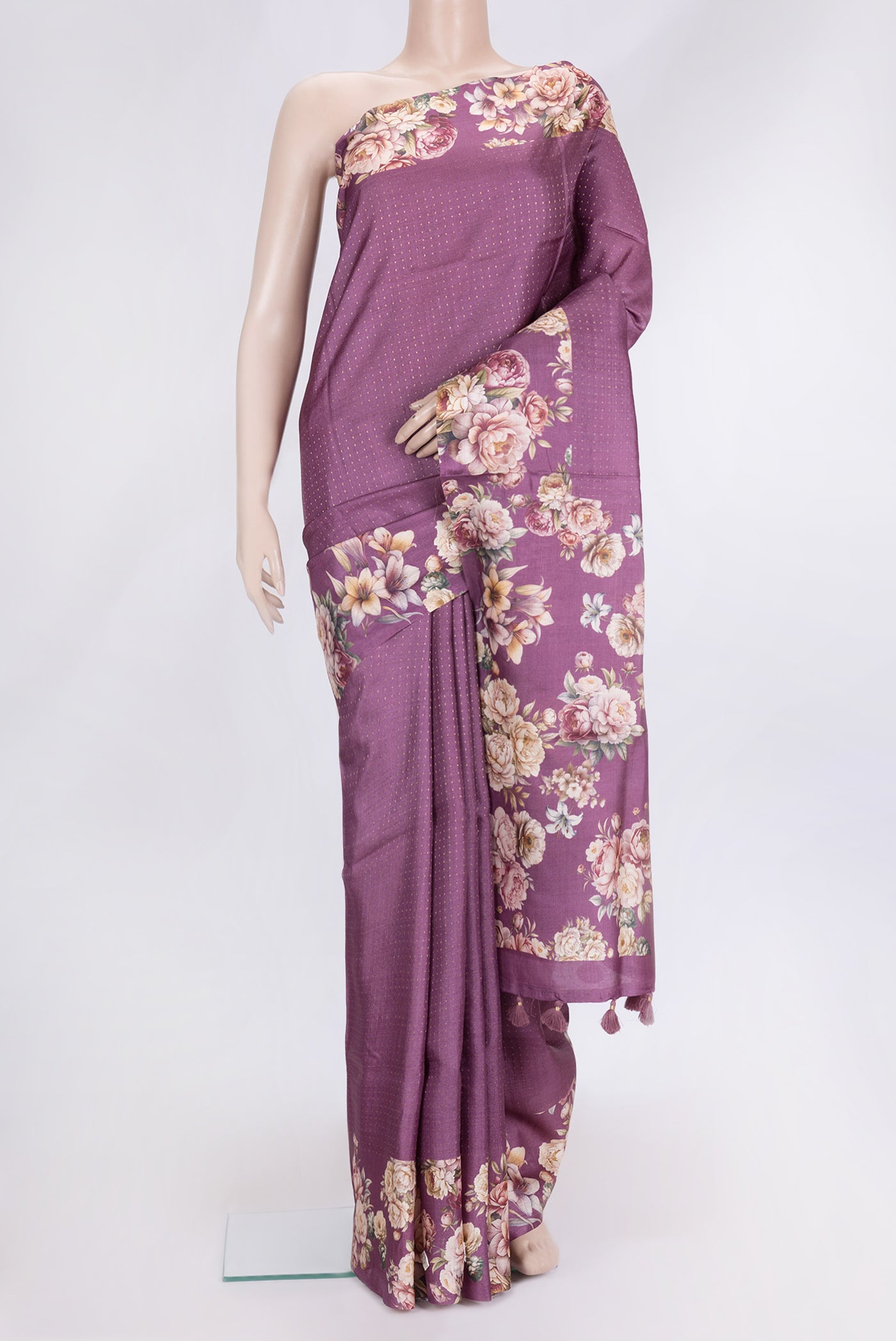 Pink Dual Tone Tussar Silk Saree with Zari Butta on the body and Printed Border.  displayed on a mannequin