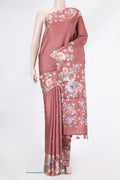 Mauve Dual Tone Tussar Silk Saree with Stripes on the body and Printed Border.  displayed on a mannequin
