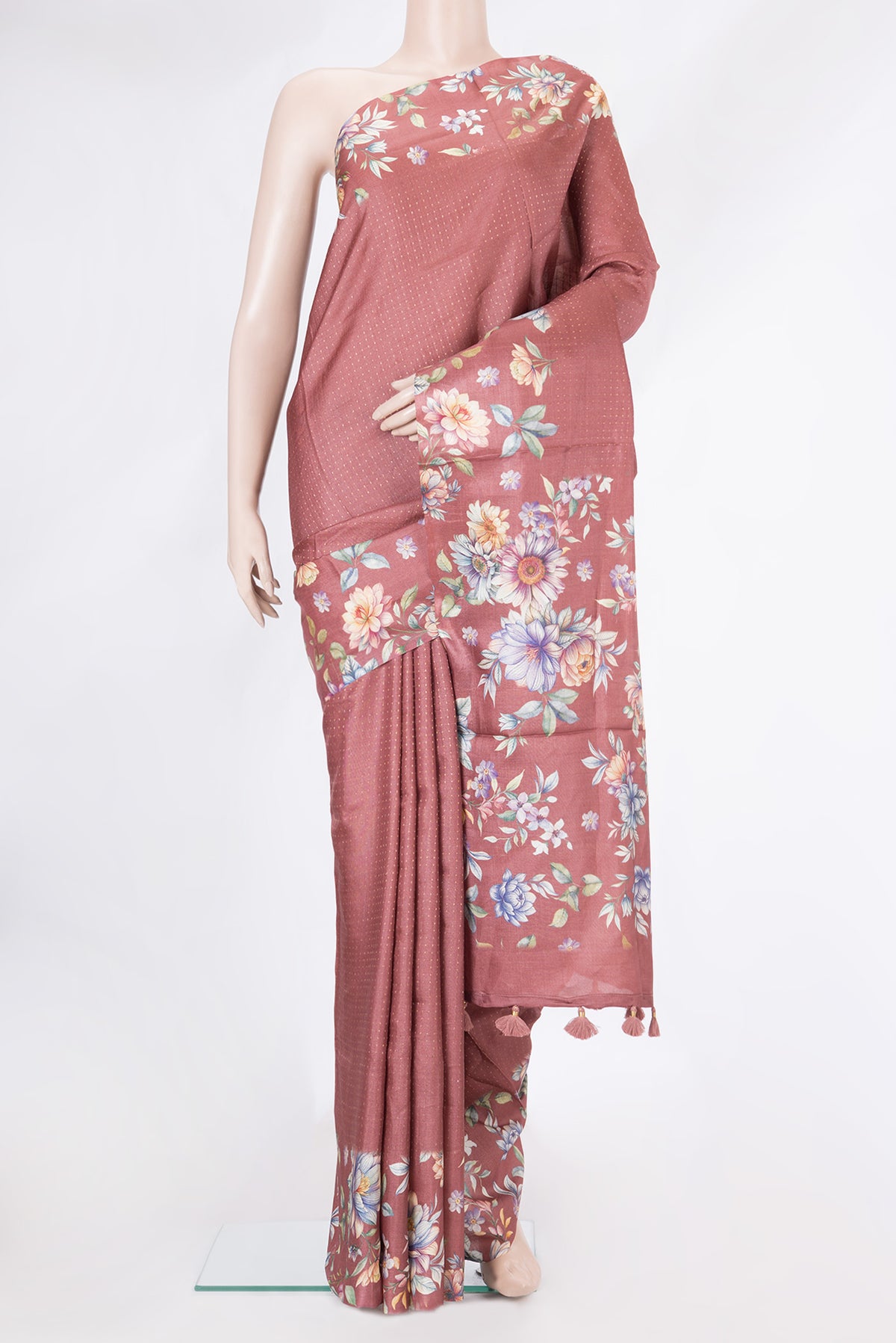 Mauve Dual Tone Tussar Silk Saree with Stripes on the body and Printed Border.  displayed on a mannequin