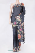 Navy Blue Dual Tone Tussar Silk Saree with Stripes on the body and Printed Border.  displayed on a mannequin