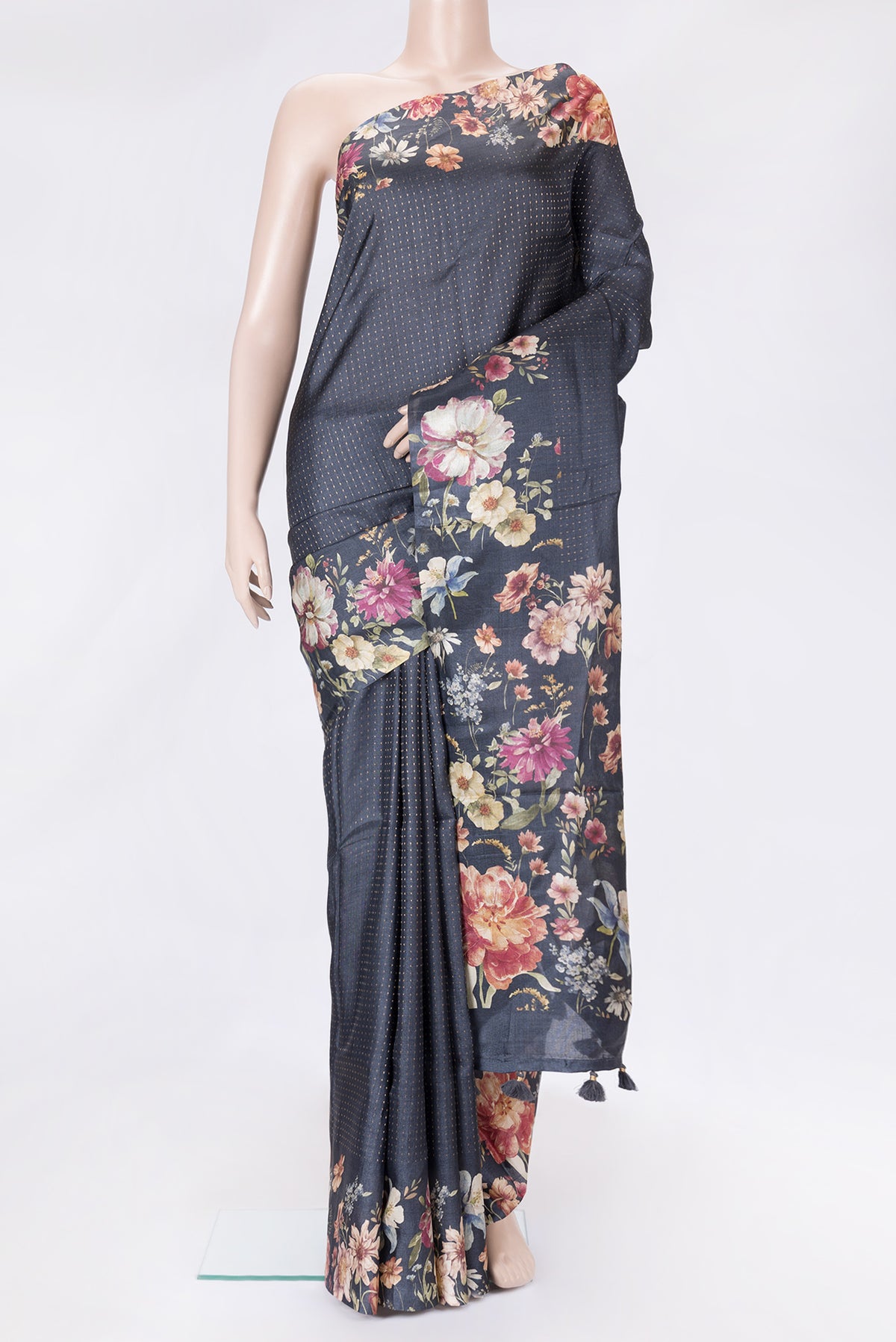 Navy Blue Dual Tone Tussar Silk Saree with Stripes on the body and Printed Border.  displayed on a mannequin