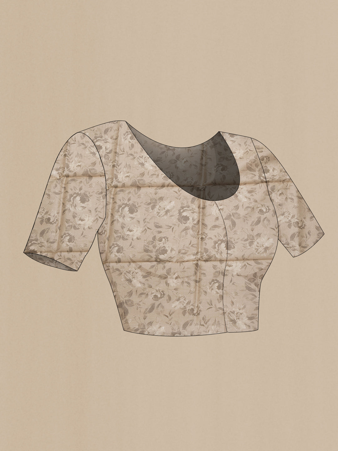 Close up image of the blouse of Beige Dual Tone Tussar Silk Saree with Zari Butta on the body and Printed Border. 