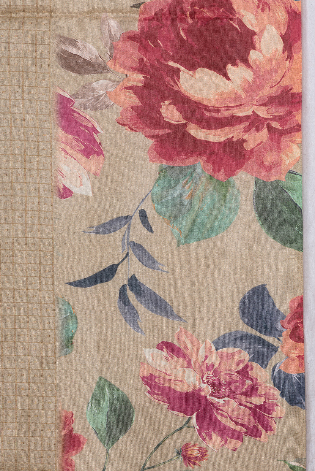 Border image of Beige Dual Tone Tussar Silk Saree with Zari Butta on the body and Printed Border. 