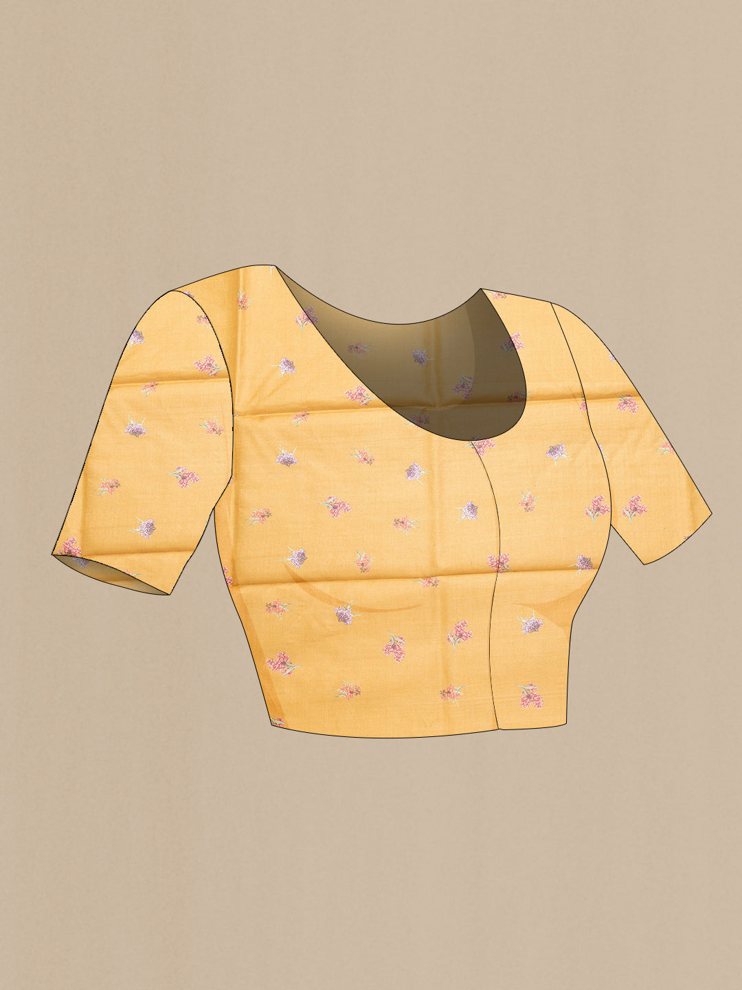 Close up image of the blouse of Mustard Dual Tone Tussar Silk Saree with Zari Butta on the body and Printed Border. 