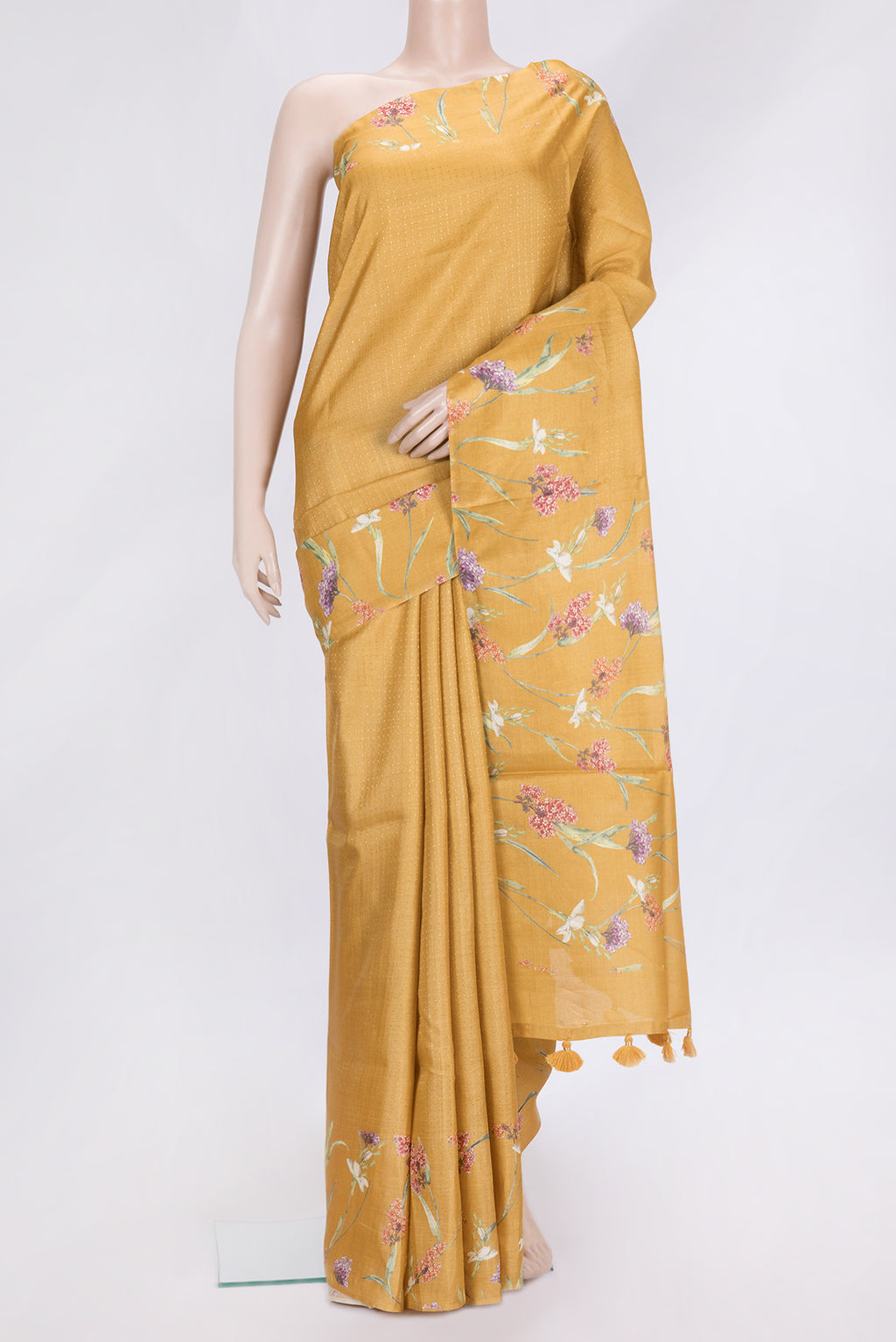 Mustard Dual Tone Tussar Silk Saree with Zari Butta on the body and Printed Border.  displayed on a mannequin