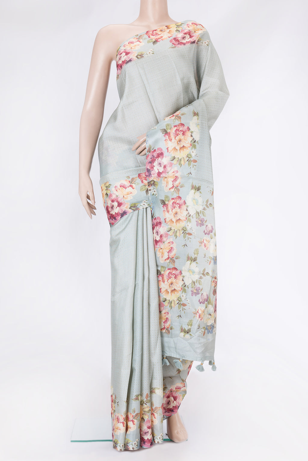Grey Dual Tone Tussar Silk Saree with Stripes on the body and Printed Border.  displayed on a mannequin