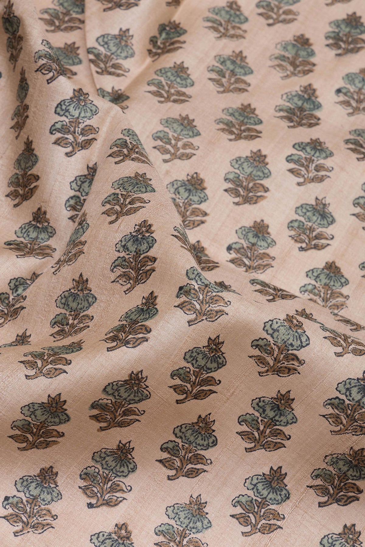 Close up of Beige Tussar Silk Saree with Printed design on the body and Printed Border.  displaying folds