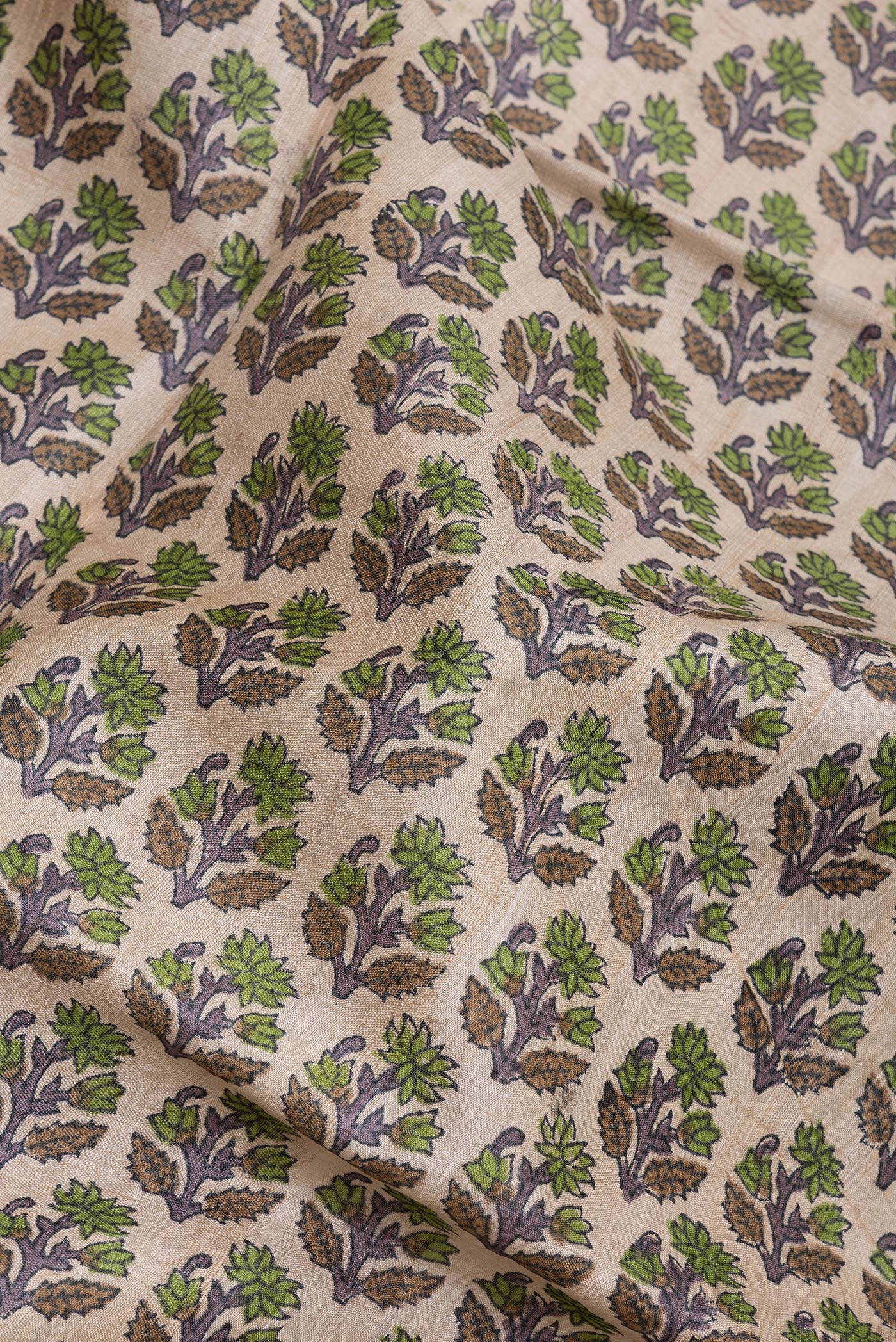 Close up of Beige Tussar Silk Saree with Printed design on the body and Fancy Border.  displaying folds