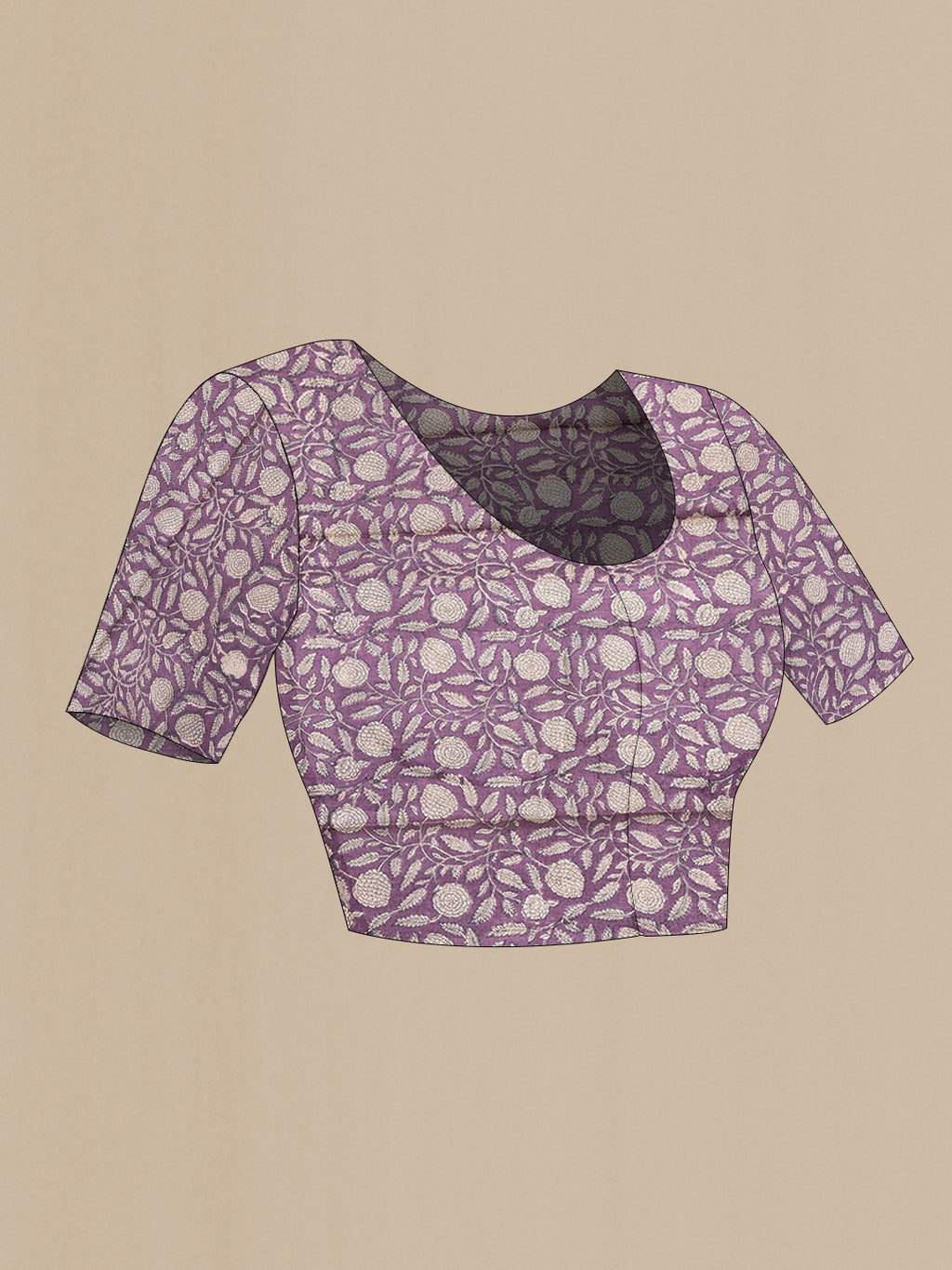 Close up image of the blouse of Purple Tussar Silk Saree with Printed design on the body and Fancy Border. 