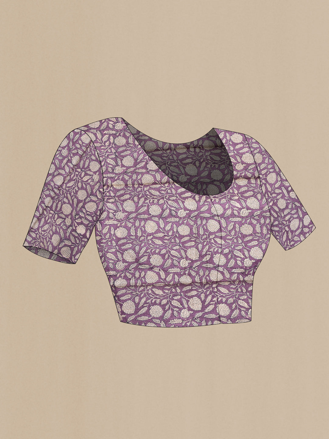 Close up image of the blouse of Purple Tussar Silk Saree with Printed design on the body and Fancy Border. 