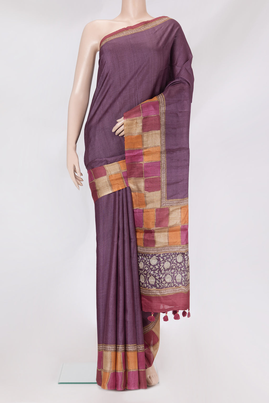 Purple Tussar Silk Saree with Plain Body and Fancy Border.  displayed on a mannequin