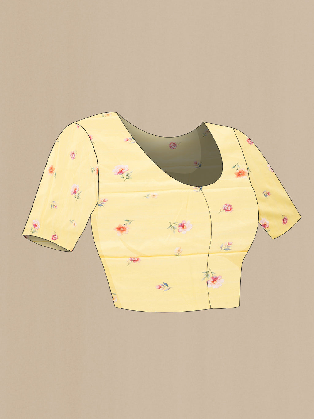 Close up image of the blouse of Lemon Yellow Dual Tone Mysore Chiffon Saree with Floral Print on the body and Without Border. 