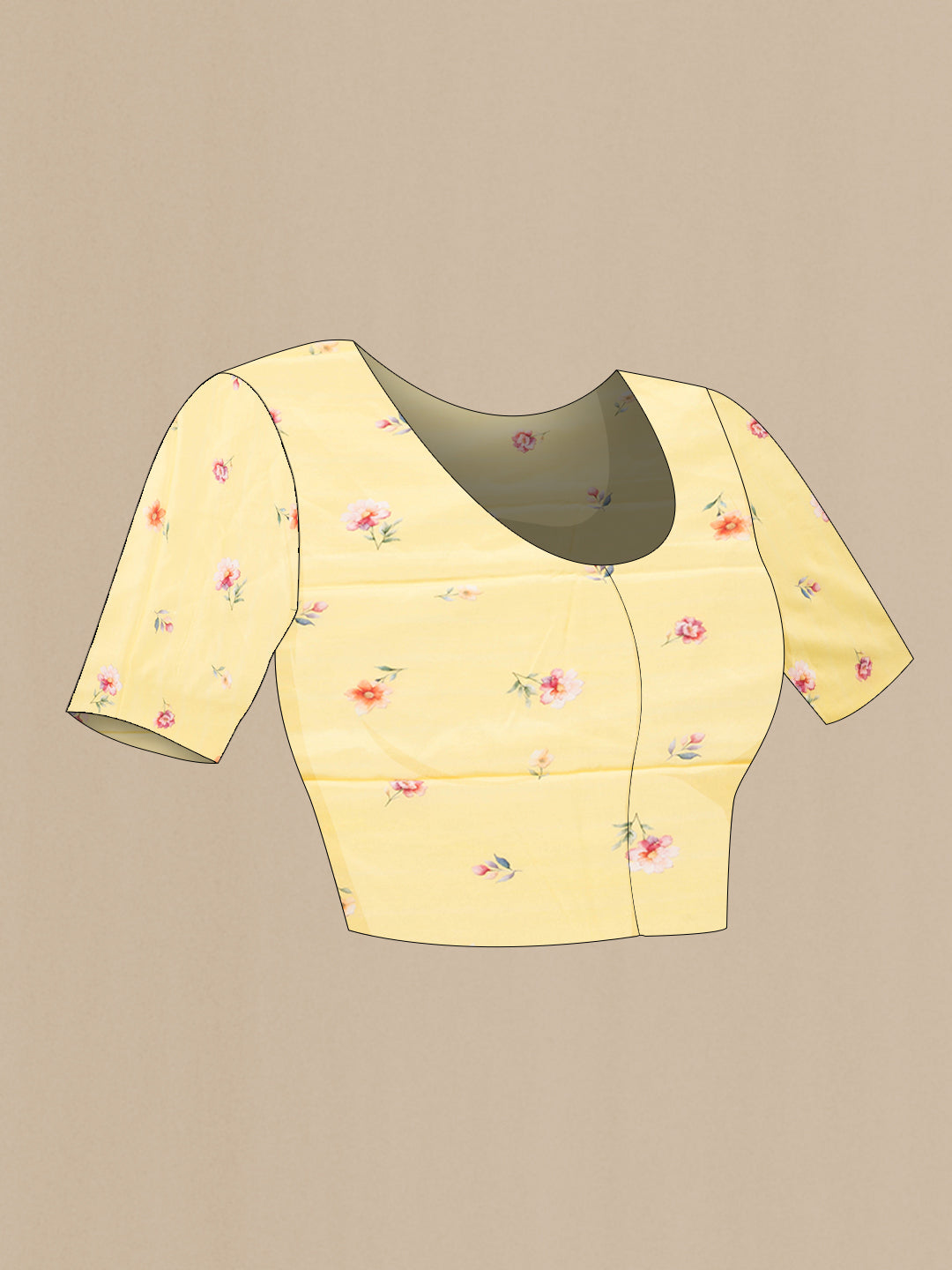 Close up image of the blouse of Lemon Yellow Dual Tone Mysore Chiffon Saree with Floral Print on the body and Without Border. 