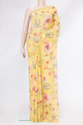 Lemon Yellow Dual Tone Mysore Chiffon Saree with Floral Print on the body and Without Border.  displayed on a mannequin