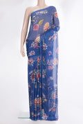 Blue Mysore Chiffon Saree with Floral Print on the body and Without Border.  displayed on a mannequin
