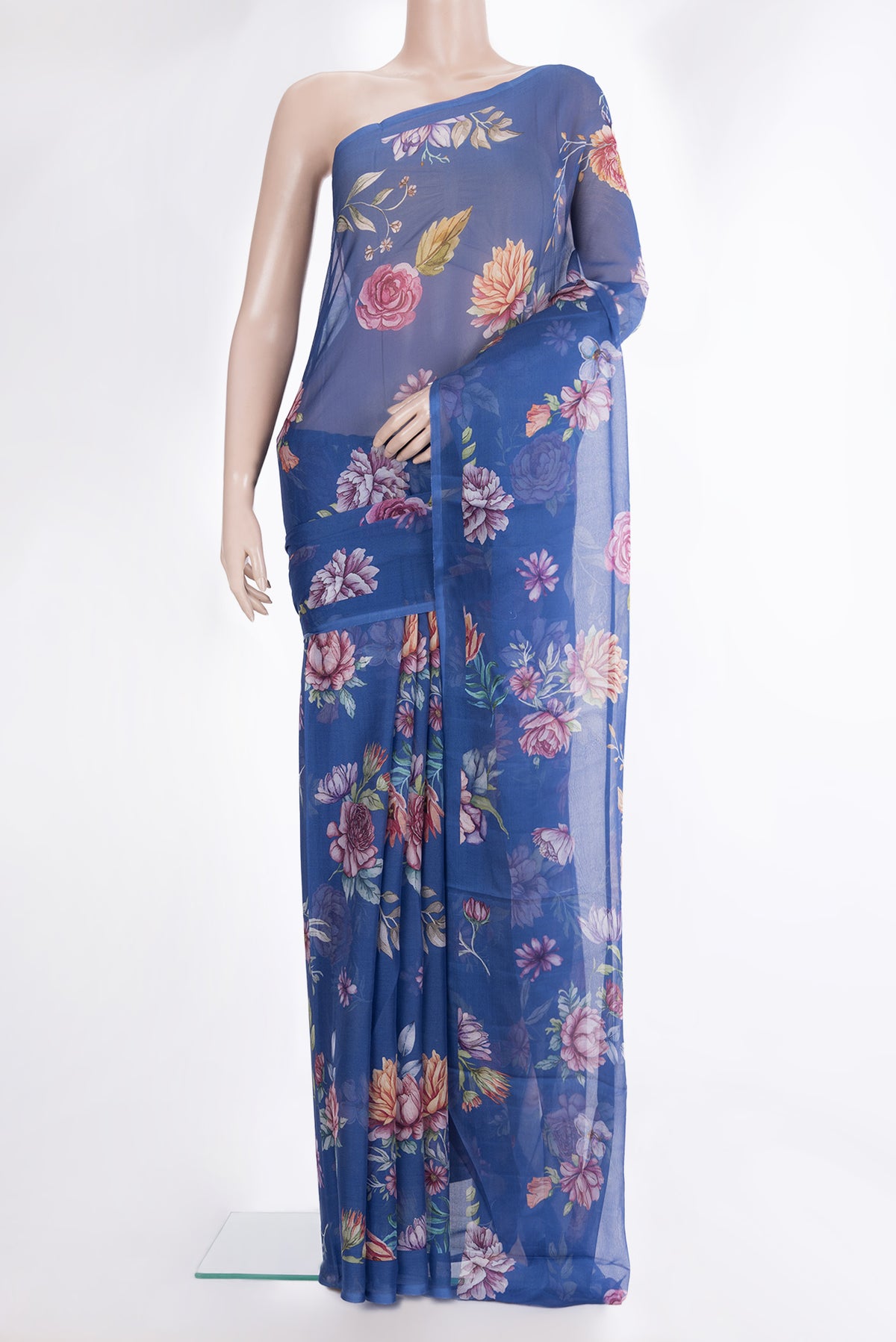 Blue Mysore Chiffon Saree with Floral Print on the body and Without Border.  displayed on a mannequin