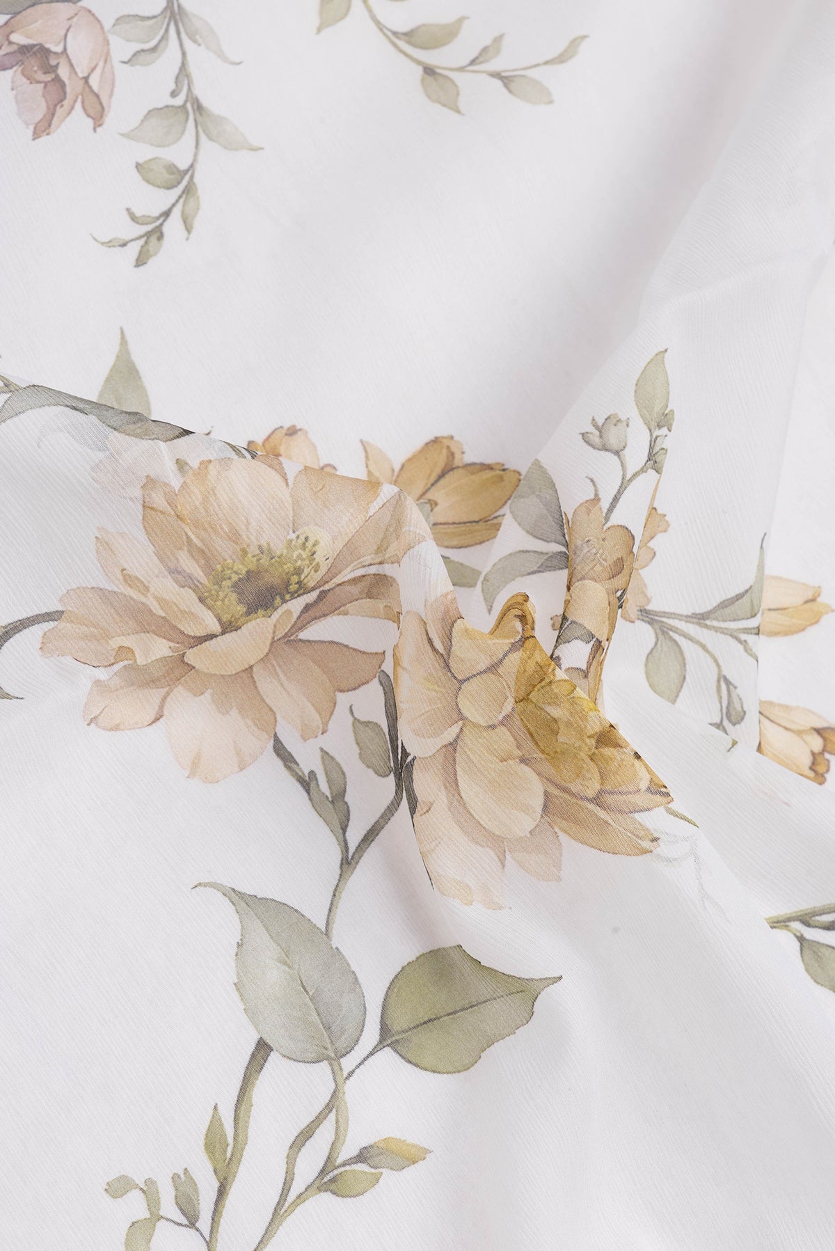Close up of Off White Mysore Chiffon Saree with Printed design on the body and Plain Border.  displaying folds