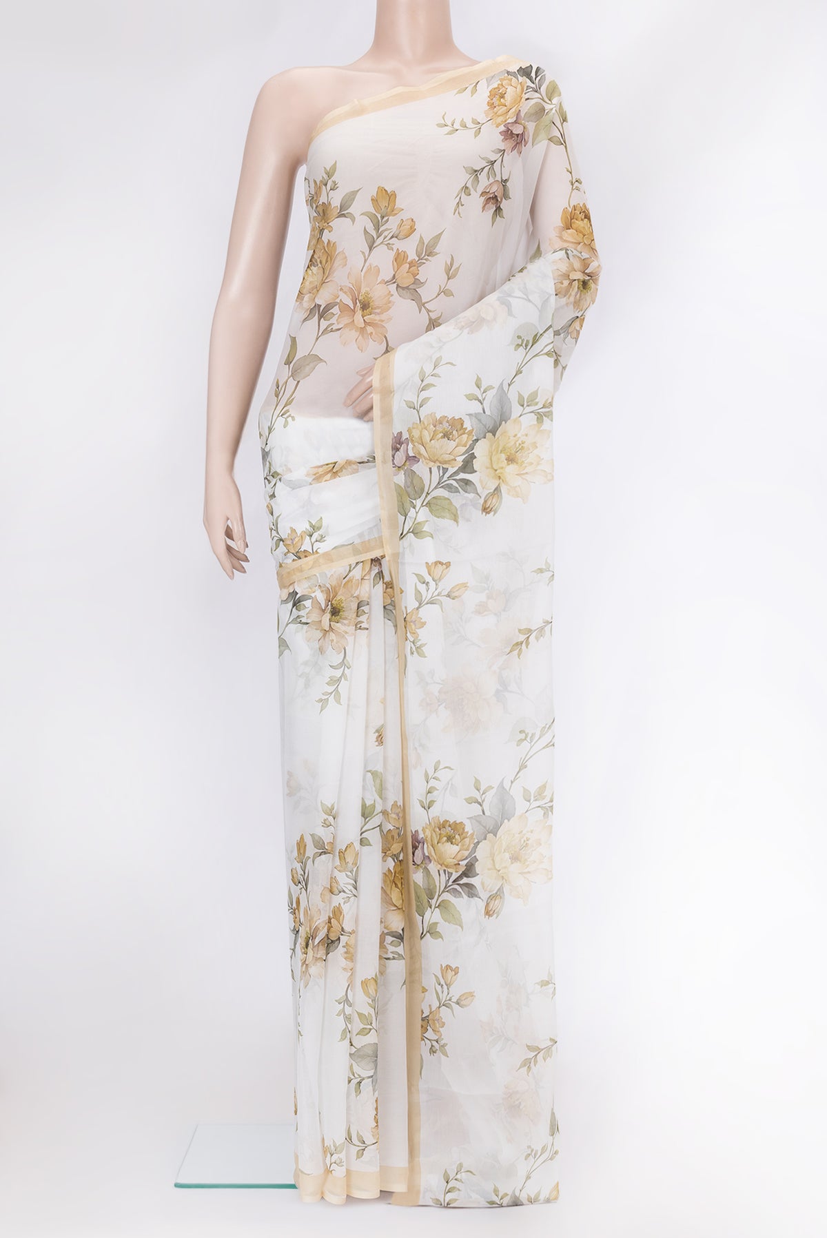 Off White Mysore Chiffon Saree with Printed design on the body and Plain Border.  displayed on a mannequin