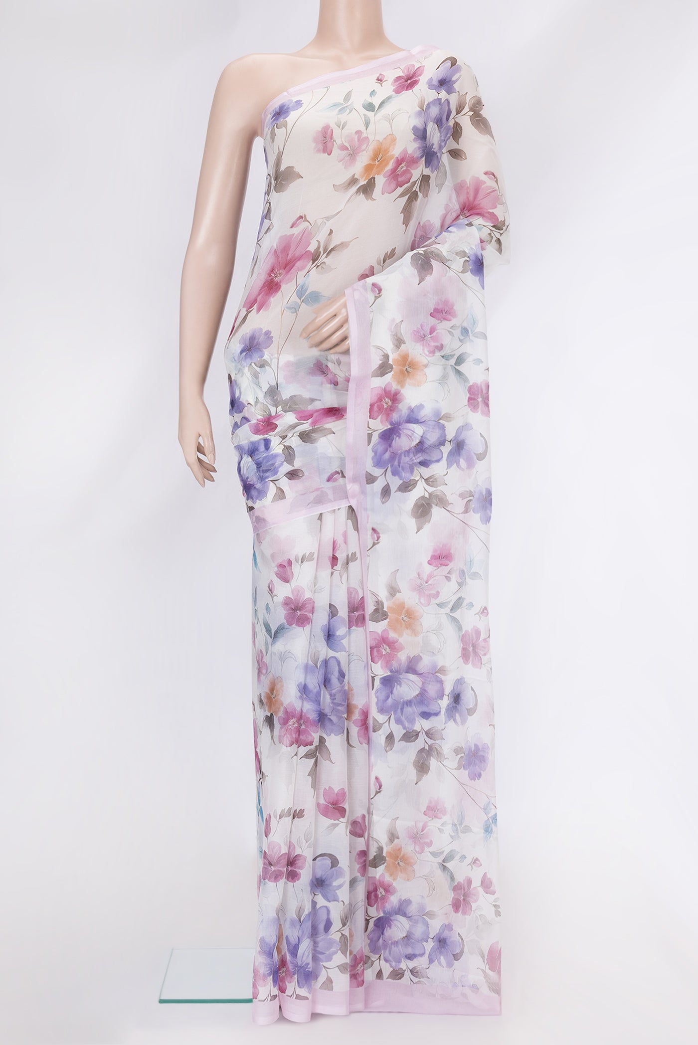 Off White Mysore Chiffon Saree with Printed design on the body and Plain Border.  displayed on a mannequin