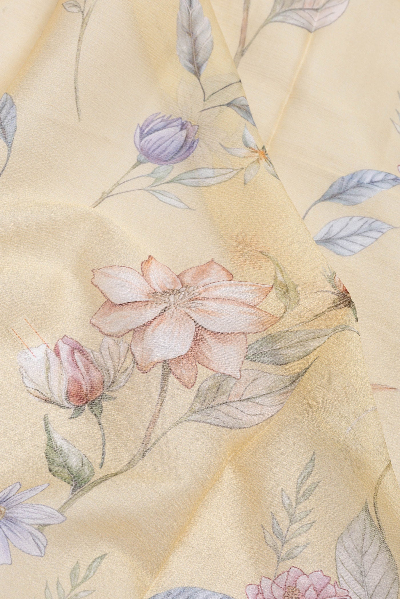 Close up of Sandal Dual Tone Mysore Chiffon Saree with Printed design on the body and Without Border.  displaying folds